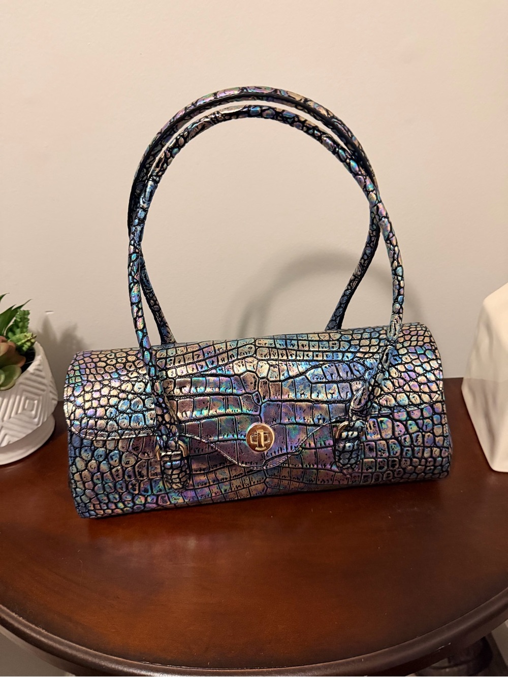 Brahmin Iridescent Croc-Embossed Dayan Shoulder Bag - Black Galaxia